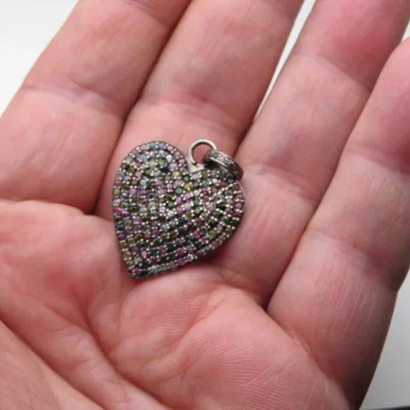 $1700 Turmaline Multi ColorHeart Silver Vintage Pendent